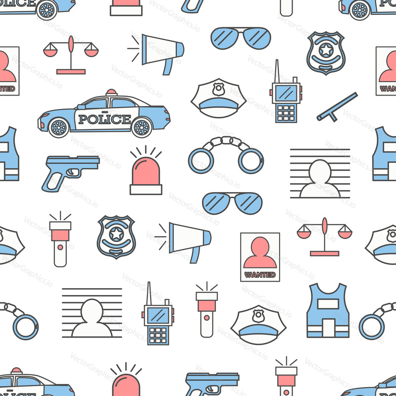 Vector seamless pattern with police service concept icons. Thin line art flat style design background, wallpaper.