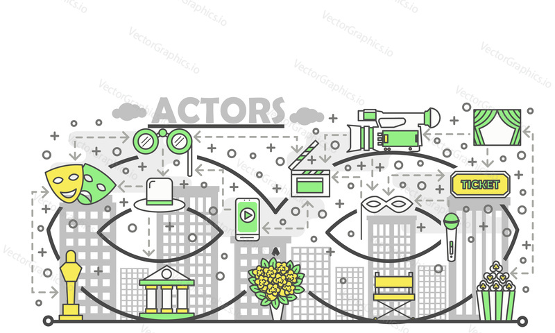 Theater and cinema actors poster banner template. Vector thin line art flat style design icons for website banners and printed materials.