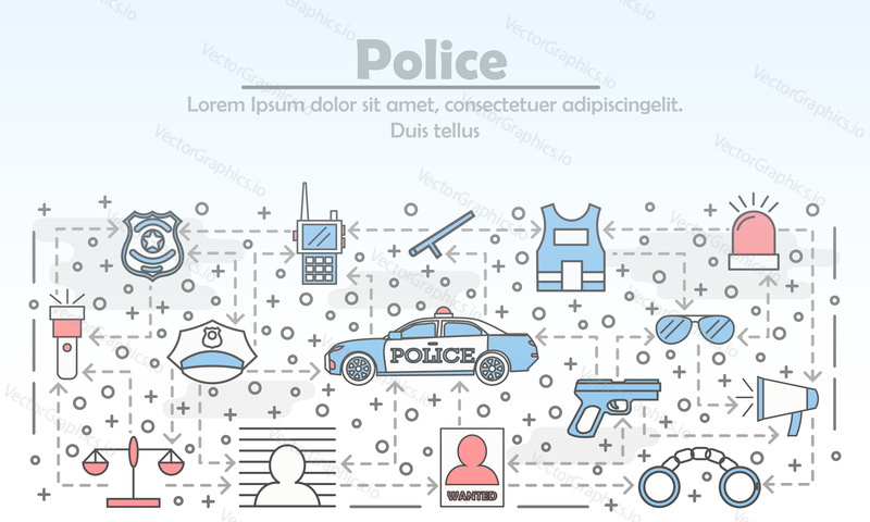 Шаблон баннера полицейского рекламного плаката. Векторные иконки дизайна в плоском стиле с тонкими линиями для баннеров веб-сайтов и печатных материалов.