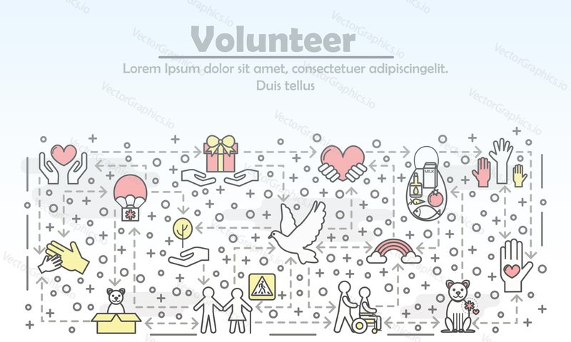 Volunteer advertising poster banner template. Vector thin line art flat style design icons for website banners and printed materials.
