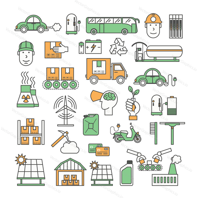 Ecological factory and alternative energy icon set. Vector thin line art flat style design elements isolated on white background.