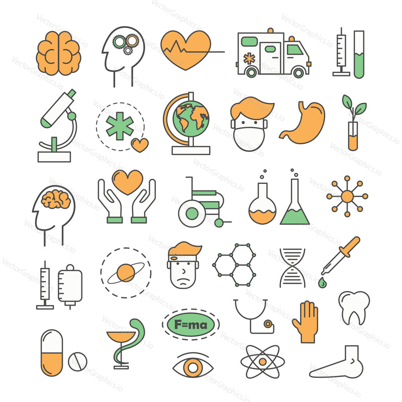 Medicine icon set. Vector thin line art flat style design elements isolated on white background.