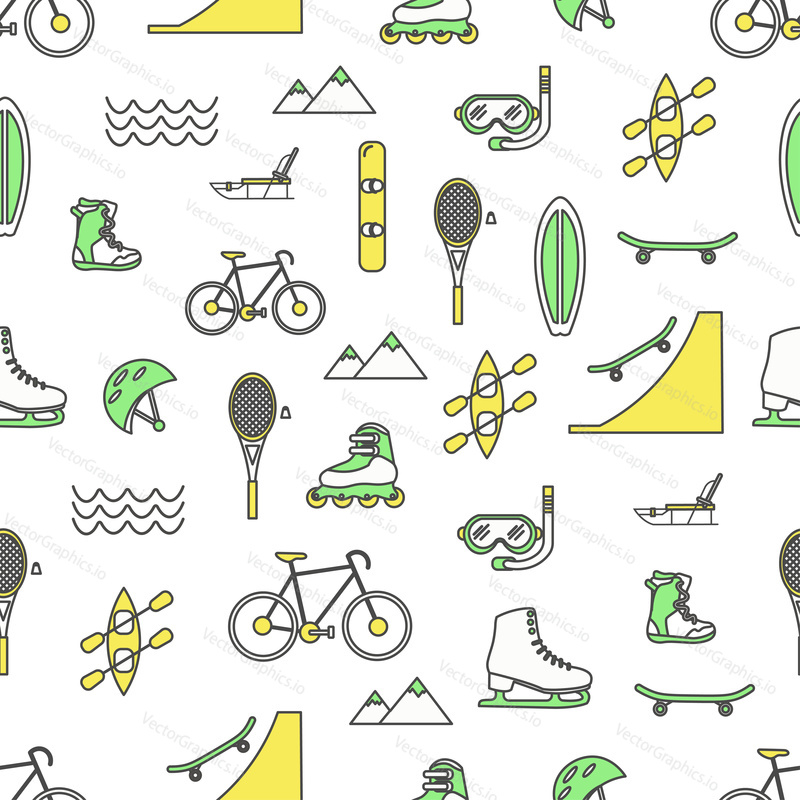 Vector seamless pattern with summer and winter activities, sports and recreation, leisure games icons. Thin line art flat style design background, wallpaper.