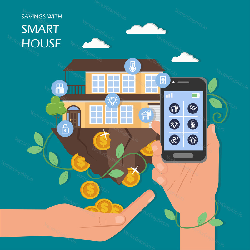 Savings with smart house concept vector flat illustration. House with automated home security, lighting, other systems controlled via smartphone, dollar coins falling out of building into human hand.