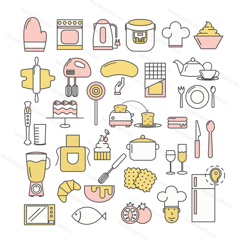 Kitchen utensils icon set. Vector thin line art flat style design elements isolated on white background.