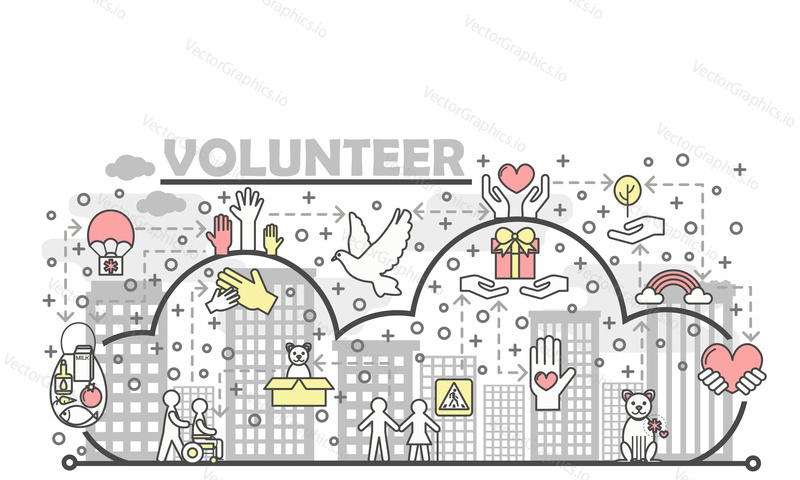 Volunteer poster banner template. Vector thin line art flat style design icons for website banners and printed materials.