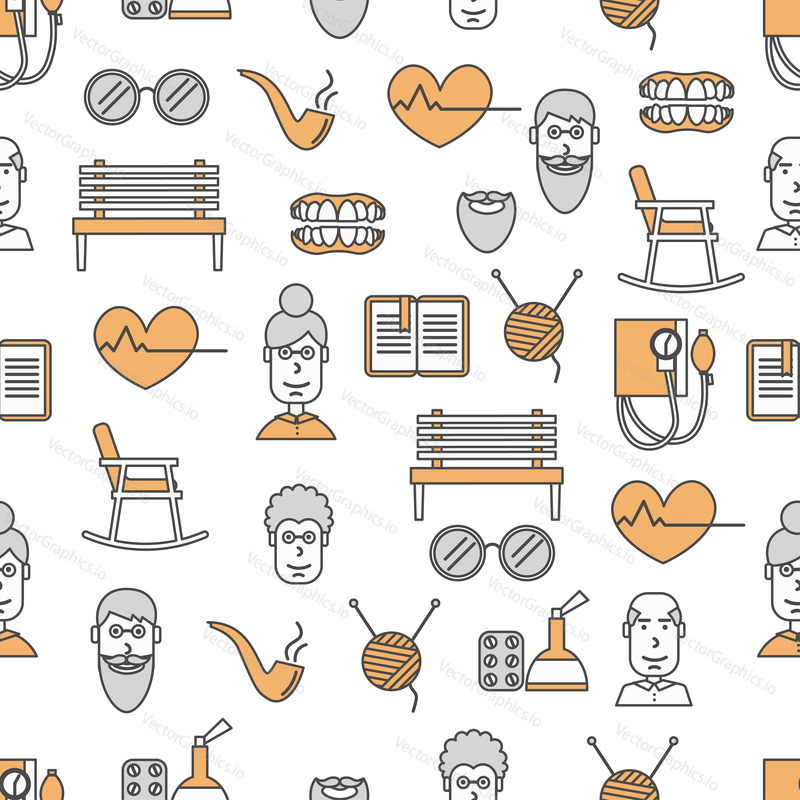 Vector seamless pattern with aged people icons. Thin line art flat style design background, wallpaper.