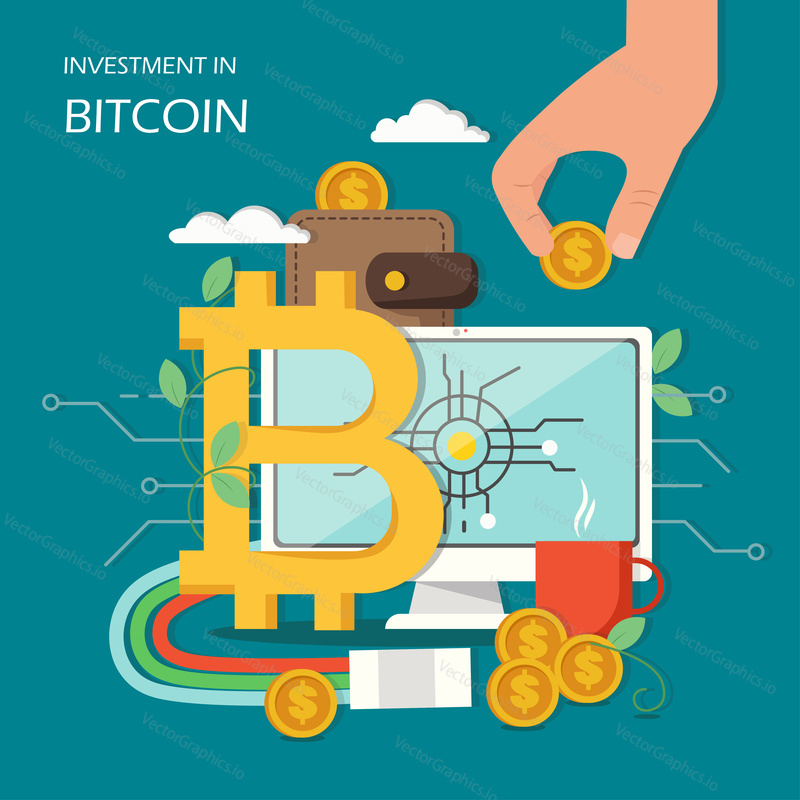 Investment in bitcoin concept vector flat illustration. Wallet with dollar coins, human hand putting dollar coin in computer with bitcoin sign investing in cryptocurrency in order to get income.