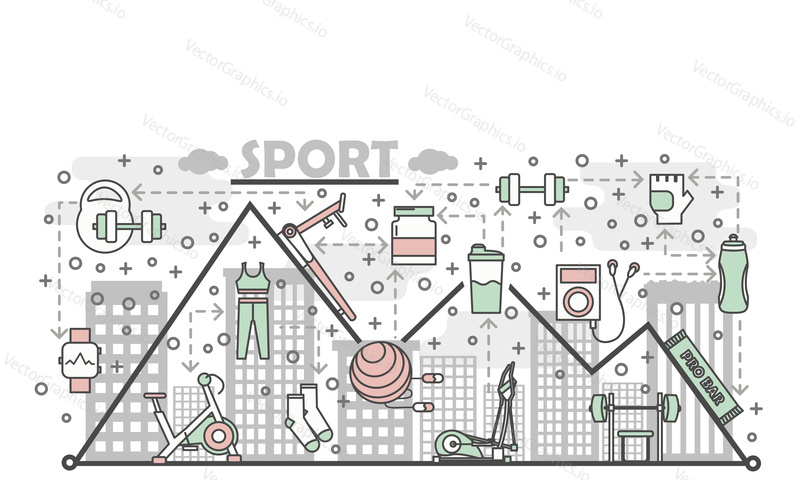 Sport poster banner template. Vector thin line art flat style design icons of sports items, exercising equipment for website banners and printed materials.