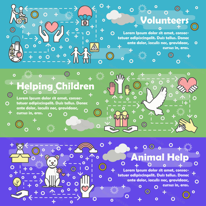 Volunteer vector banner set. Volunteers, Helping children and Animal help concept thin line art style design elements, web templates.