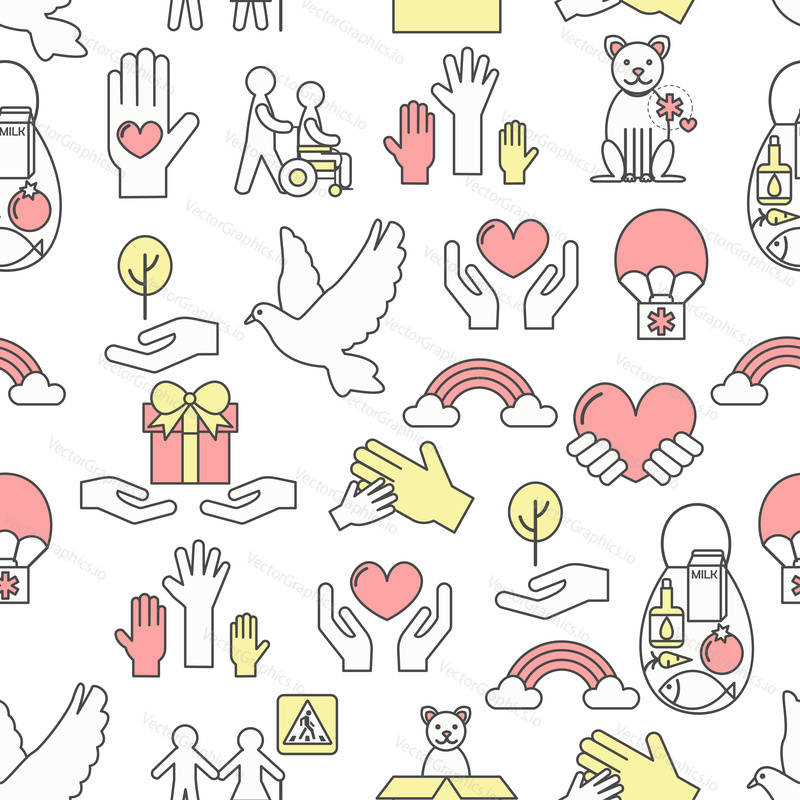 Vector seamless pattern with volunteering hands with hearts, charity and relief work concept icons. Thin line art flat style design background, wallpaper.