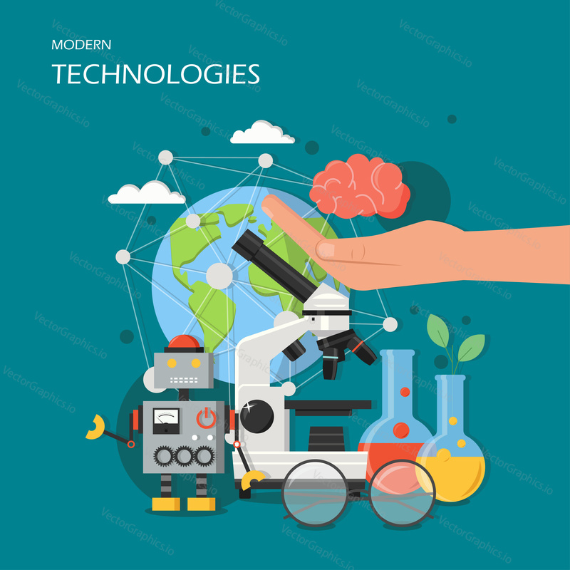 Modern technologies concept vector illustration. New robotics, microscope and laboratory glassware, human hand with human brain etc. Flat style design element for website template, poster banner etc.