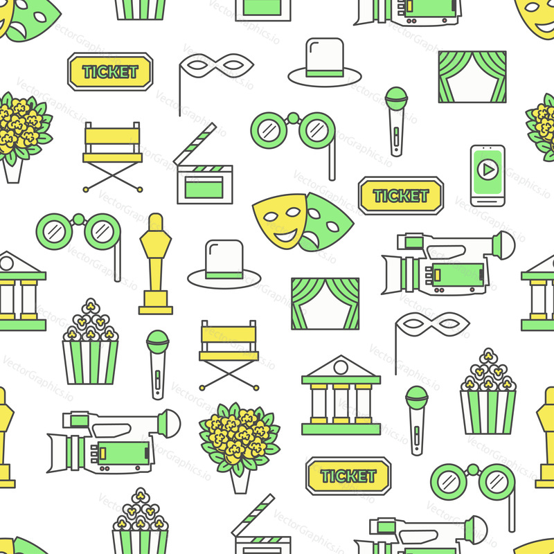 Vector seamless pattern with theater and cinema arts decorative icons. Thin line art flat style design background, wallpaper.