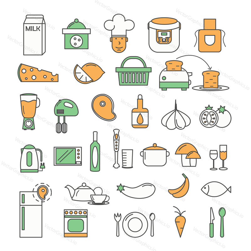 Набор иконок продуктов питания и кухонных принадлежностей. Векторные элементы дизайна в плоском стиле с тонкой линией, изолированные на белом фоне.
