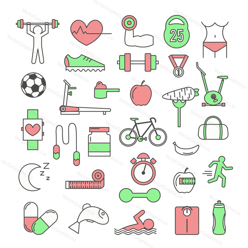 Sport icon set. Vector thin line art flat style design elements isolated on white background.