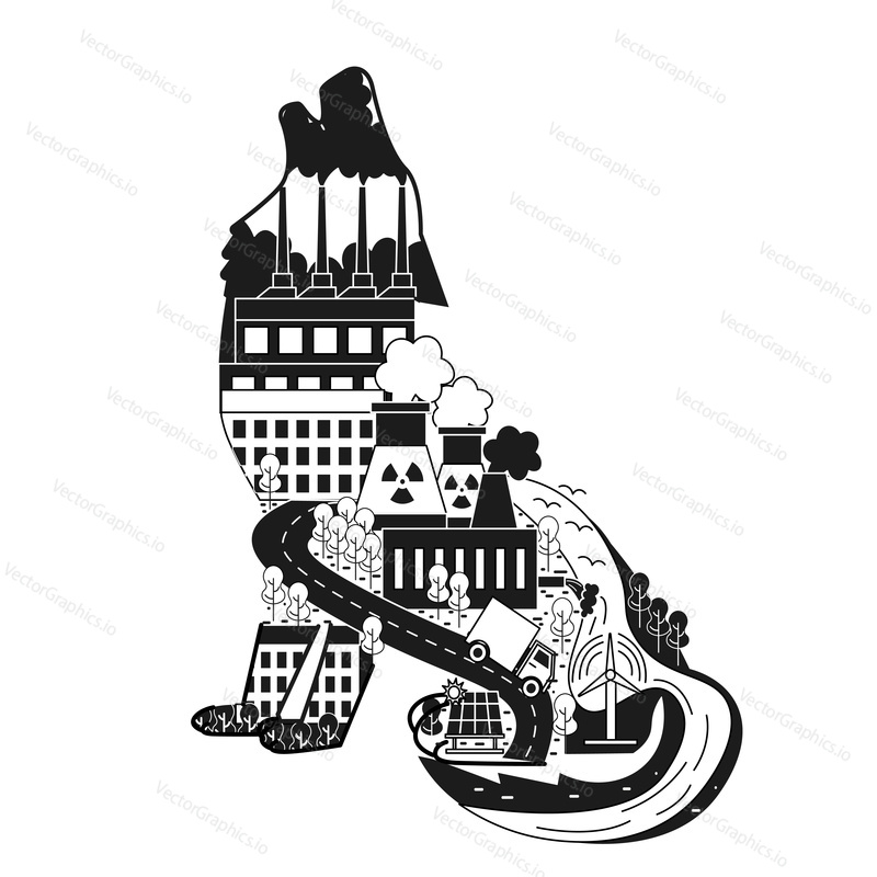 Environmental conservation ecology concept vector illustration. Howling wolf silhouette with nuclear power plant polluting air and wind turbines and solar panels producing alternative energy.