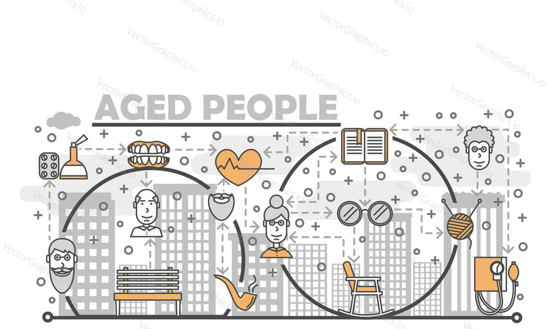 Aged people poster banner template. Vector thin line art flat style design elements for website banners and printed materials.