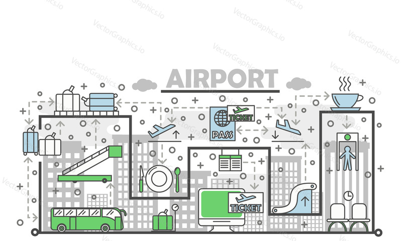 Airport poster banner template. Vector thin line art flat style design icons for website banners and printed materials.