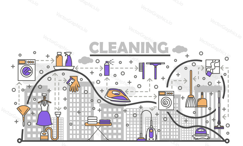 Cleaning service poster banner template. Vector thin line art flat style design icons for website banners and printed materials.