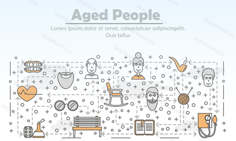 Aged people advertising poster banner template. Vector thin line art flat style design icons for website banners and printed materials.