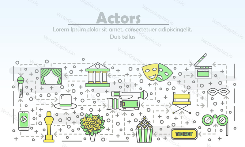 Theater and cinema actors advertising poster banner template. Vector thin line art flat style design icons for website banners and printed materials.