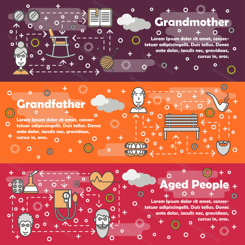 Elderly people vector banner set. Grandmother, Grandfather and Aged people concept thin line art style design elements, web templates.