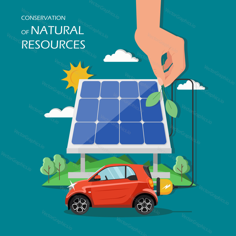 Conservation of natural resources concept vector illustration. Eco mobile or electric car using solar energy, human hand holding green leaves above solar panel. Flat style design element.