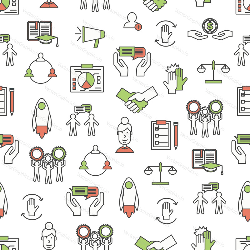 Vector seamless pattern with business team icons. Thin line art flat style design background, wallpaper.