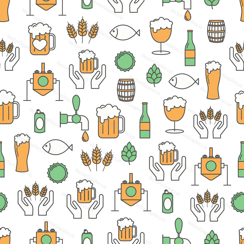 Vector seamless pattern with craft beer brewing icons. Thin line art flat style design background, wallpaper.