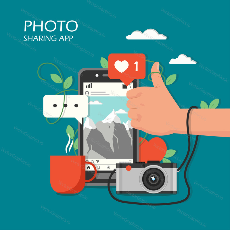 Social photo sharing app concept vector flat illustration. Mobile phone with instagram service app, social network like icon, human hand with thumb up approval gesture and positive estimation sign.