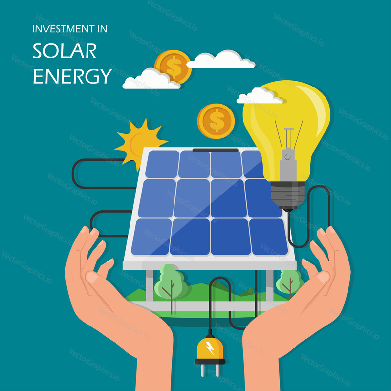 Investment in solar energy concept vector illustration. Human hands holding solar panel with dollar coin and light bulb connected to solar panel. Flat style design element for poster banner etc.