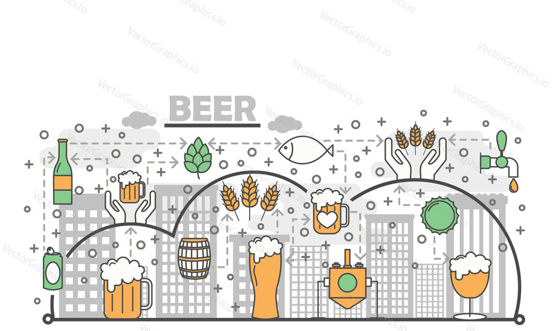 Craft beer poster banner template. Vector thin line art flat style design icons for website banners and printed materials.
