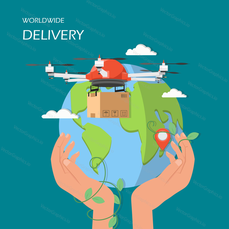 Worldwide delivery concept vector illustration. Drone flying with parcel and human hands holding globe with map marker. Flat style design element for website template, poster, banner etc.