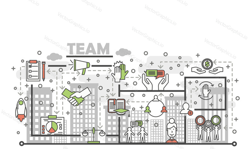 Business team poster banner template. Vector thin line art flat style design icons for website banners and printed materials.