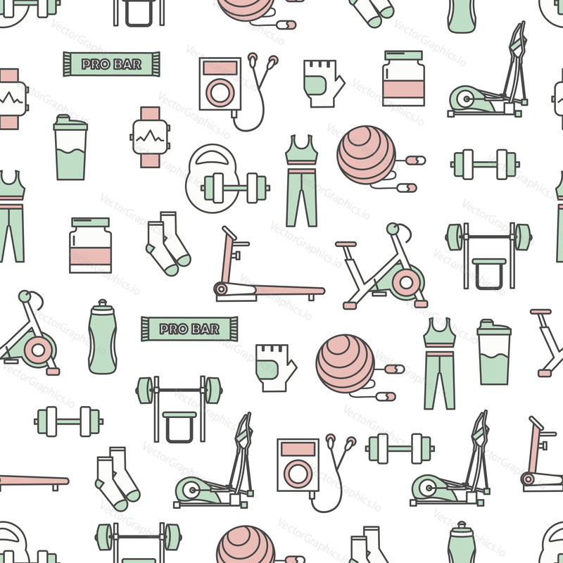 Vector seamless pattern with sport icons. Thin line art flat style design background, wallpaper.