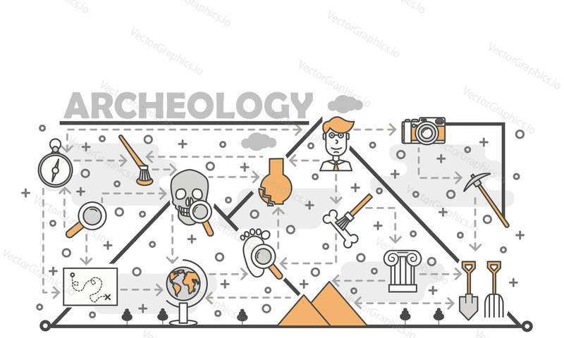 Archaeology poster banner template. Vector thin line art flat style design elements, icons for web banners and printed materials.