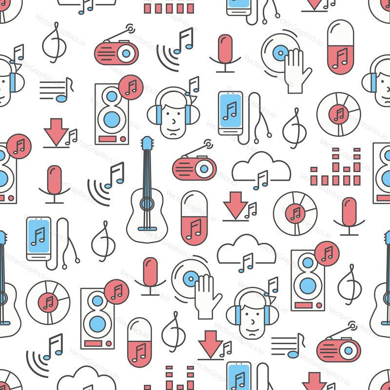 Vector seamless pattern with music and sound symbols, icons. Thin line art flat style design music background, wallpaper.