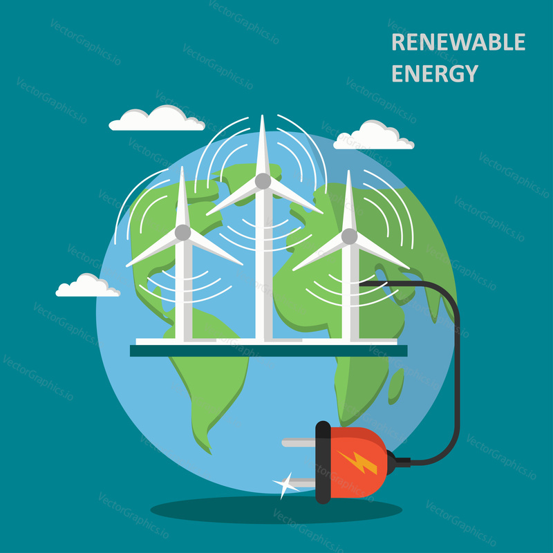 Renewable energy concept vector flat illustration. Planet earth, windmills with electric plug. Wind turbines that convert the wind energy into electrical power. Alternative eco green energy.