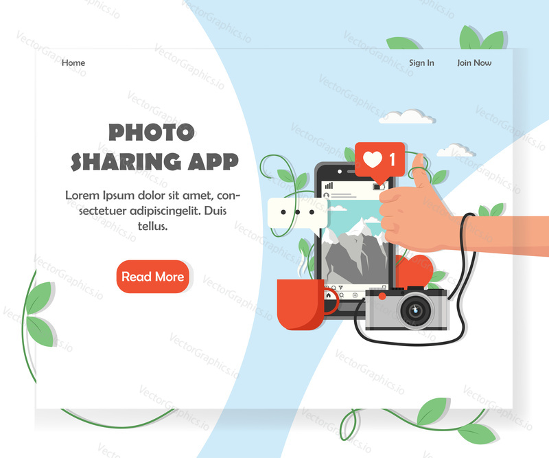 Social photo sharing service website homepage template. Vector flat style design element with copy space and read more button.