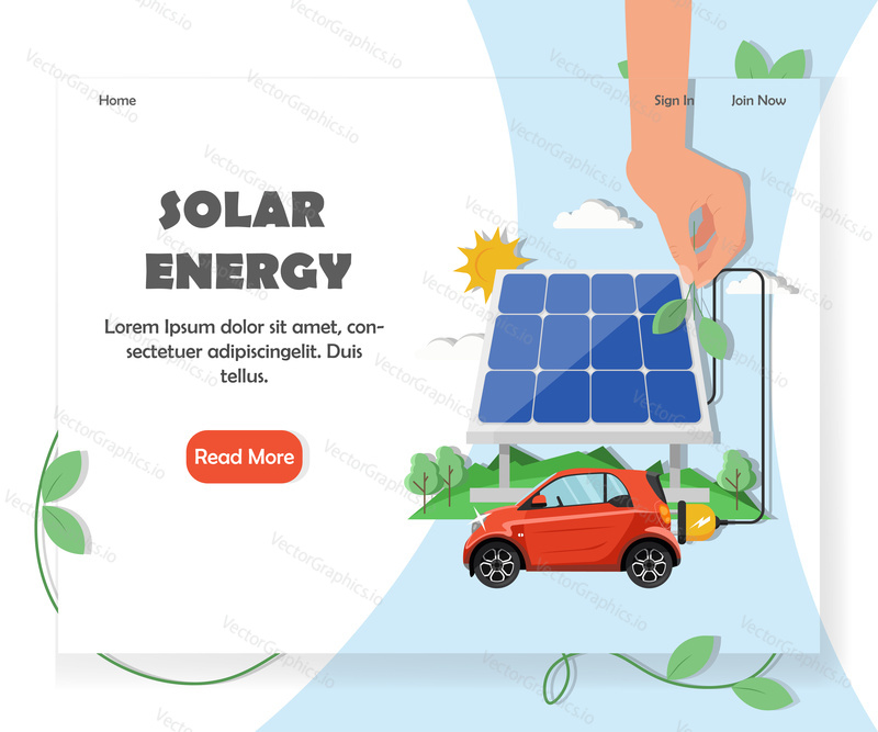 Solar energy website homepage template. Vector flat style design element with copy space and read more button.