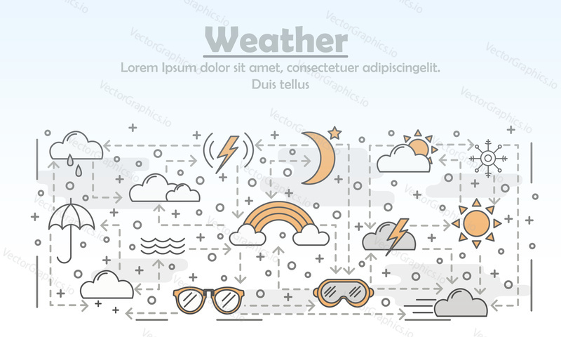 Шаблон баннера рекламного плаката погоды. Векторные элементы дизайна в плоском стиле с тонкими линиями, иконки для веб-баннеров и печатных материалов.