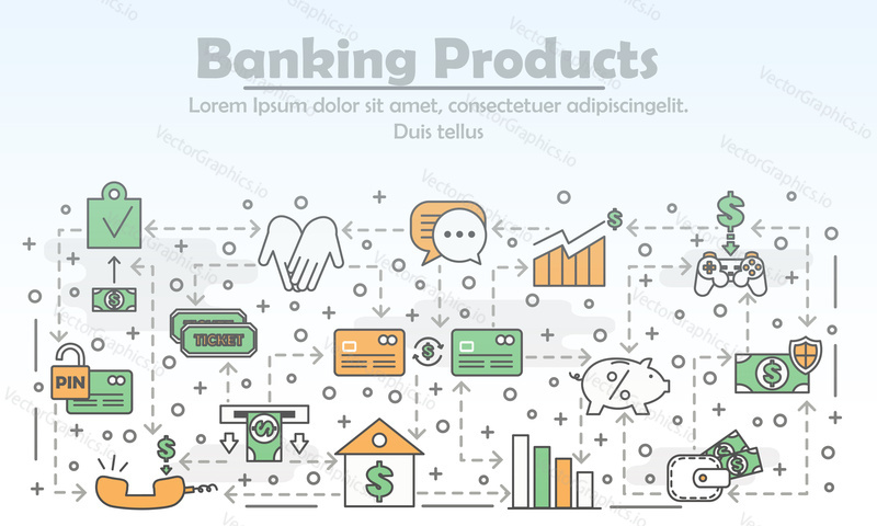 Banking products advertising poster banner template. Vector thin line art flat style design elements, icons for web banners and printed materials.