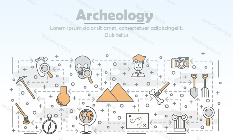 Шаблон баннера рекламного плаката археологии. Векторные элементы дизайна в плоском стиле с тонкими линиями, иконки для веб-баннеров и печатных материалов.