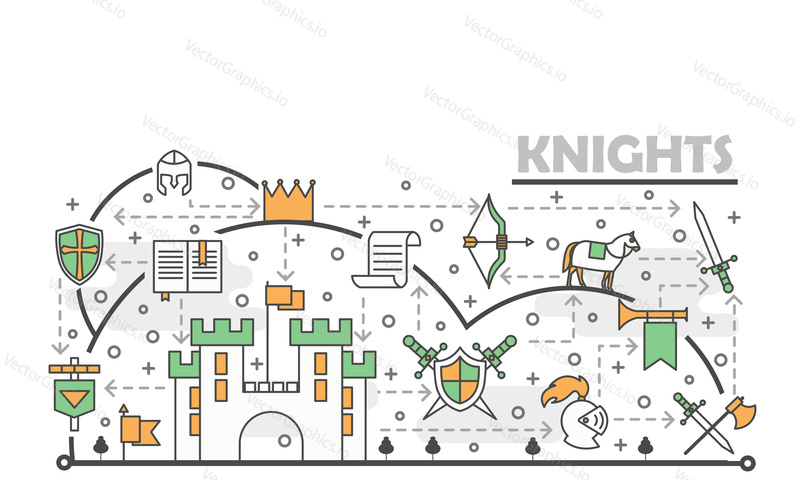 Medieval knights vector poster banner template. Middle ages warrior knight clothing, armor and weapons, horse, castle etc. Thin line art flat icons for web, printed materials.