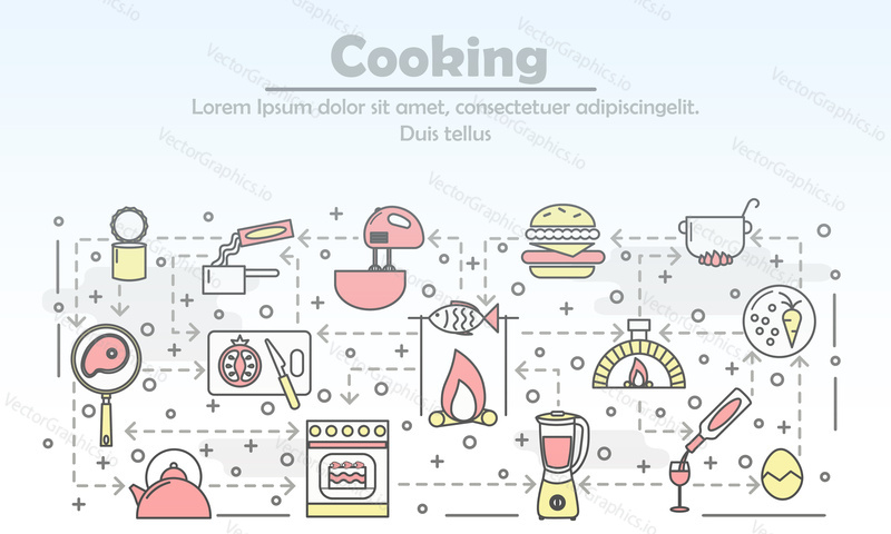 Cooking advertising vector poster banner template. Kitchen appliances, cooking utensils, food, wine thin line art flat style design icons for web banners, printed materials.