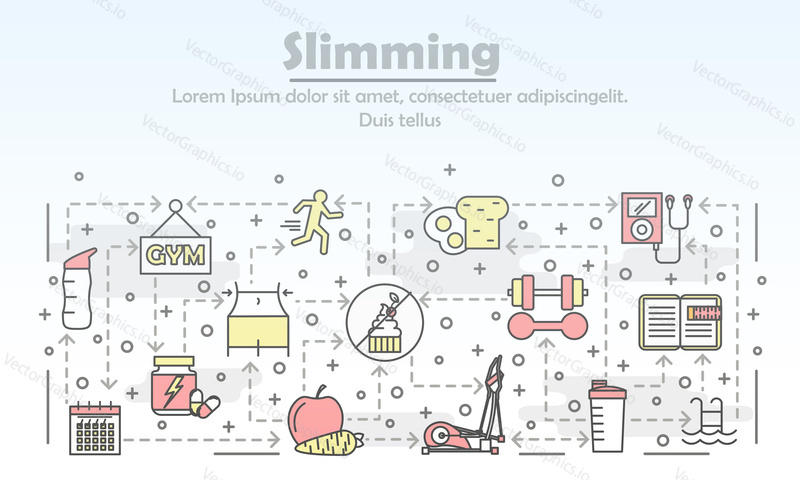 Slimming advertising poster banner template. Fitness, dieting and healthy lifestyle vector thin line art flat style design elements, icons for web banners and printed materials.