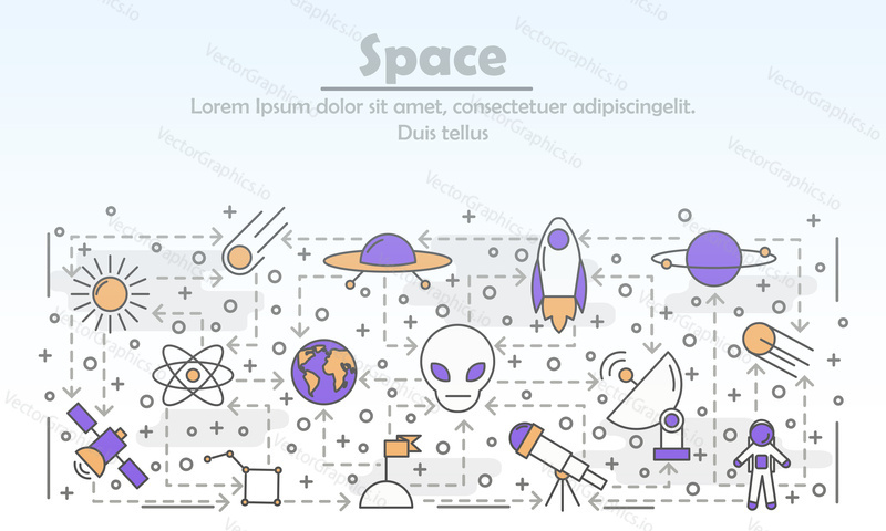 Space advertising poster banner template. Space items rocket, planets, spaceship, telescope, astronaut etc. vector thin line art flat style design elements, icons for web banners and printed materials