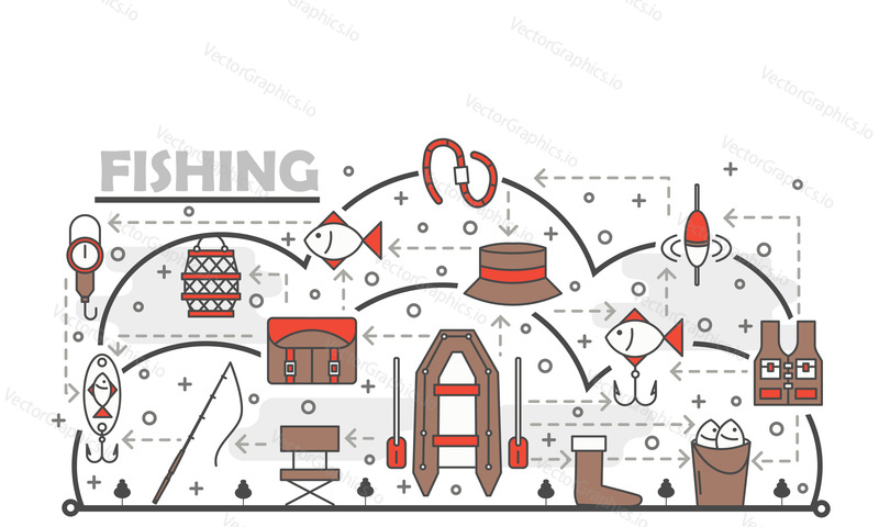Fishing vector poster banner template. Rubber boat, hat bag boot hook tackle bobber rod bait etc. Fisherman clothing, fishing gear and equipment thin line art flat icons for web, printed materials.