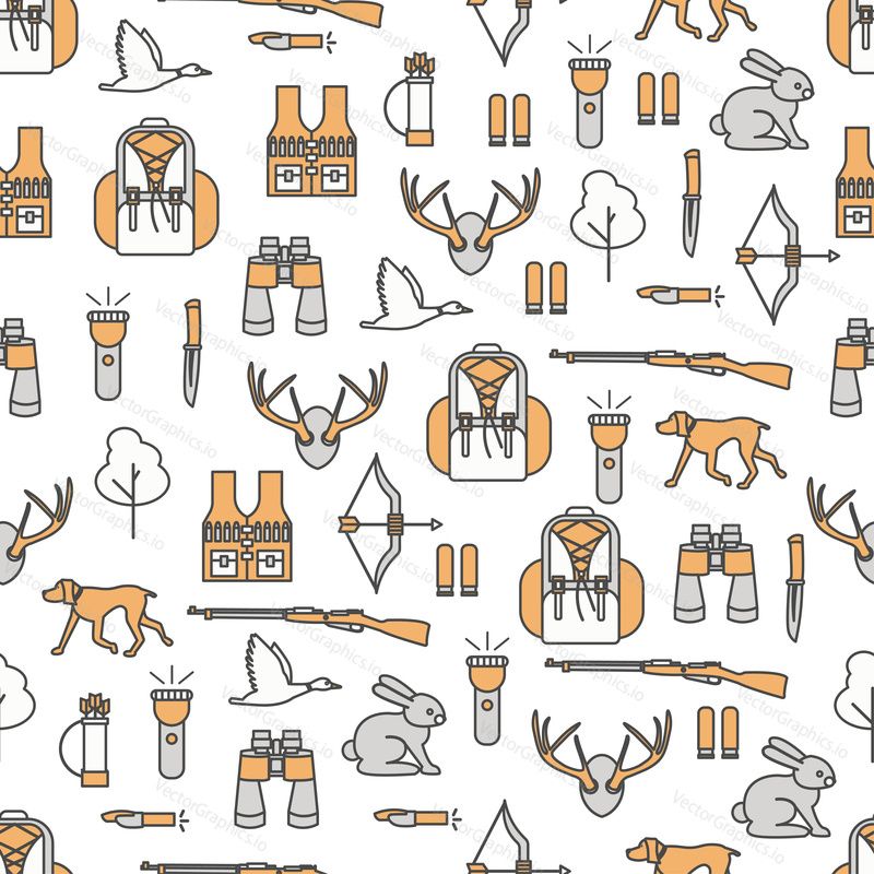Vector seamless pattern with hunting duck, deer, hare equipment and accessories. Thin line art flat style design hunter background, wallpaper.