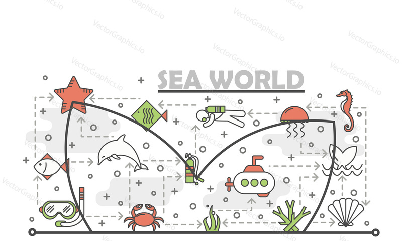 Sea world vector poster banner template. Jellyfish, exotic fish, dolphin, whale tail, seahorse, crab, corals, seashell, submarine, diver etc. Thin line art flat icons for web and printed materials.